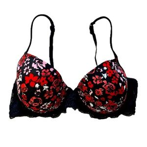 Victoria Secret PINK Bra 36C Black Red Floral Lace Pushup Lined Underwire